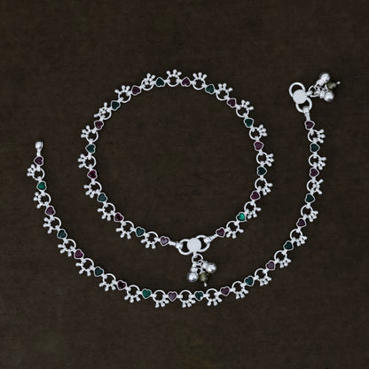 Charming Silver Anklet Payal with Ghungroo and Vibrant Diamond-Shaped Stones.