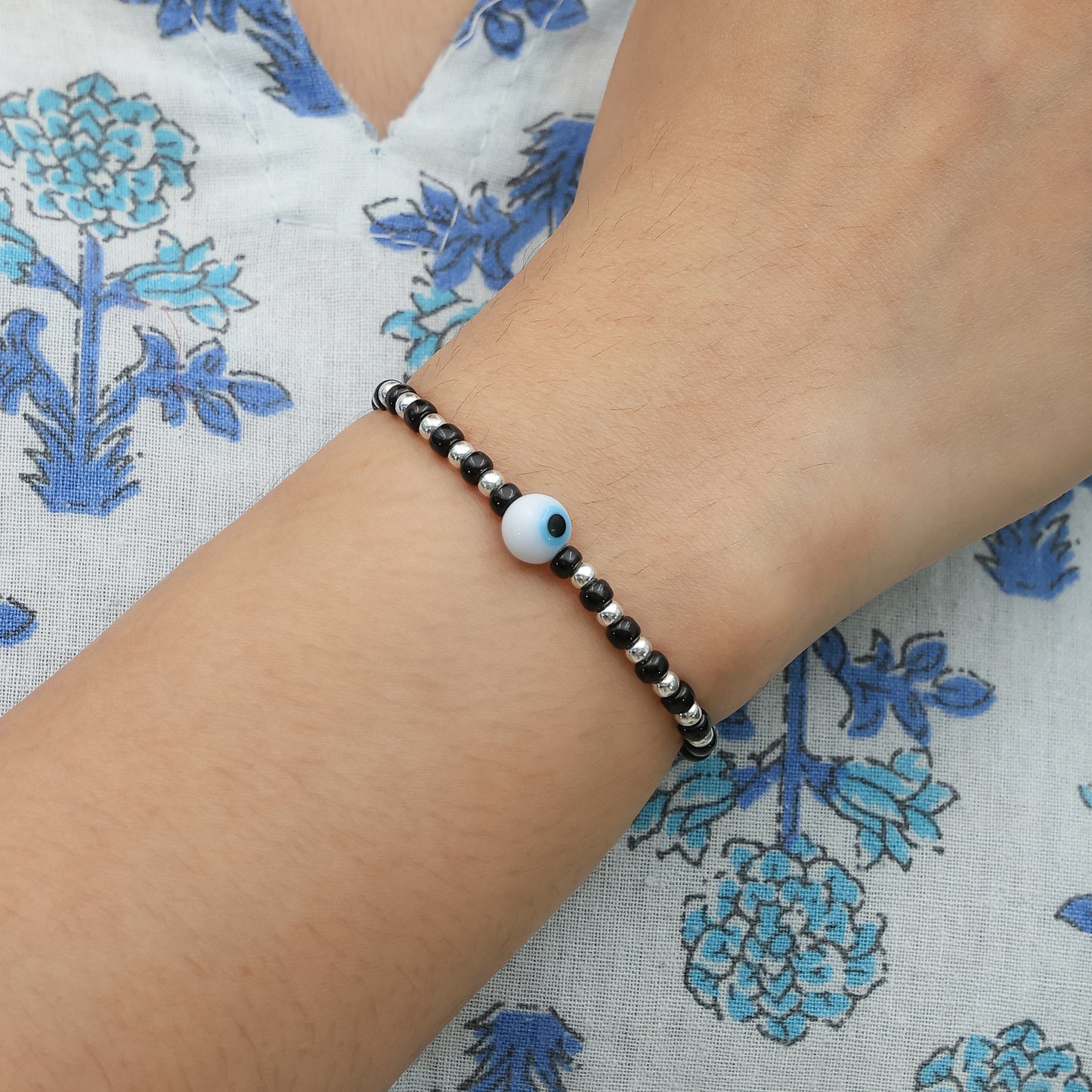 Silver Moti White Evil Eye Charm Bracelet