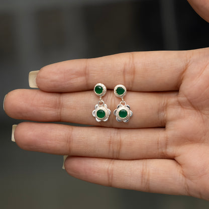 Silver Bloom Green Stone Earrings