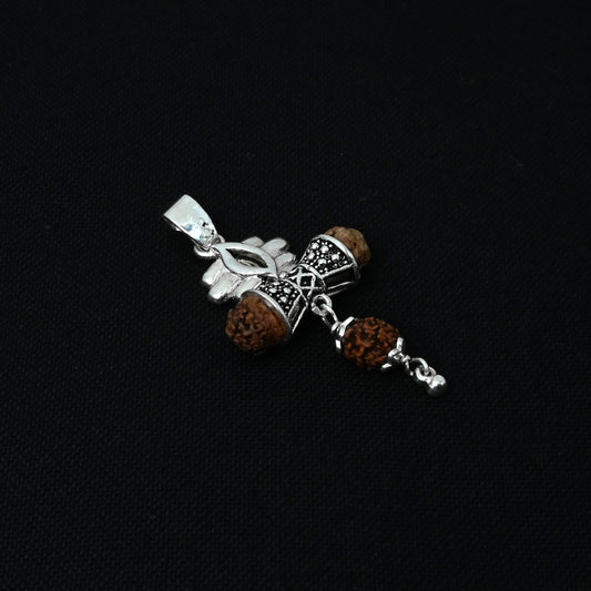 Spiritual Silver Pendant with Mahadev Damru and Rudraksha Beads