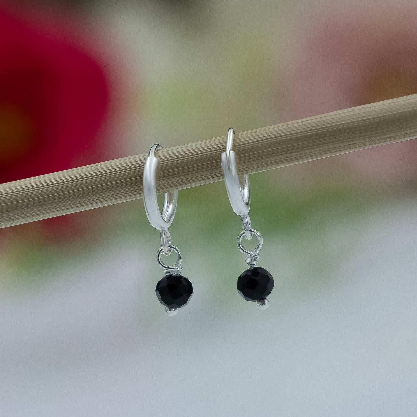 Silver Hoop Earrings with Black Bead Charm