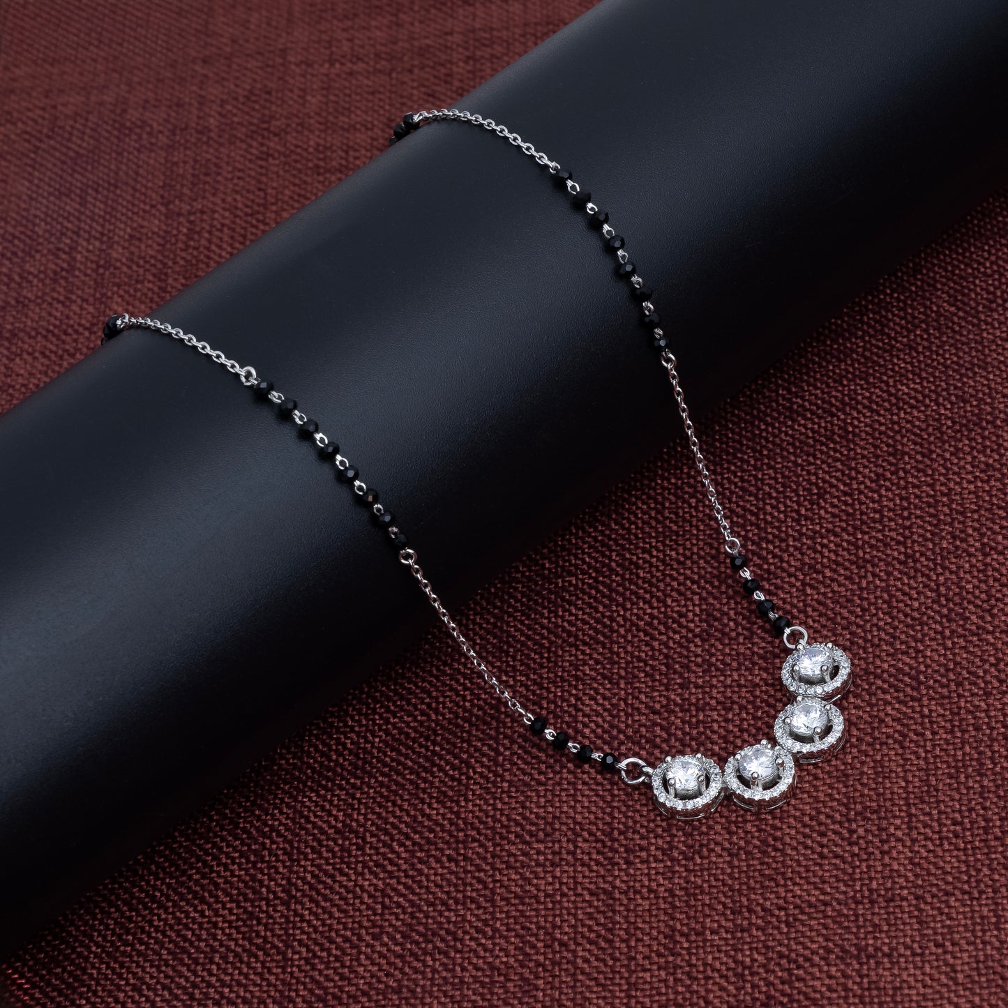 Quad Solitaire Silver Mangalsutra with Black Beads