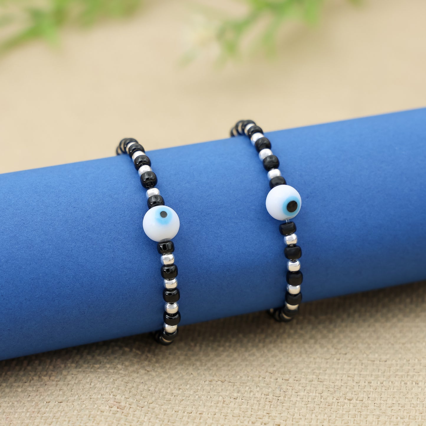 Silver Moti White Evil Eye Charm Bracelet