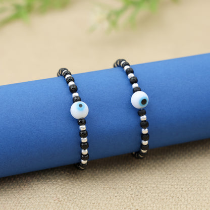 Silver Moti White Evil Eye Charm Bracelet