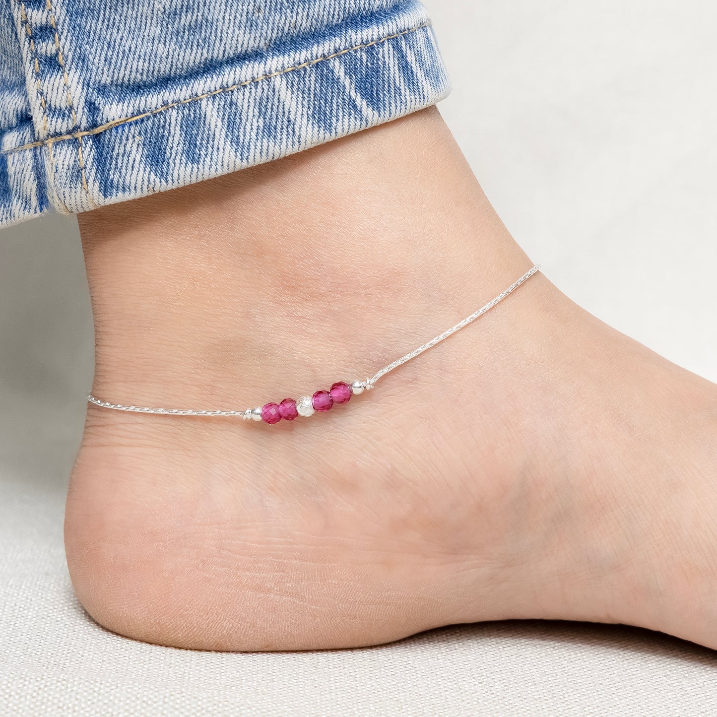 Silver Minimal Pink Stone Anklet