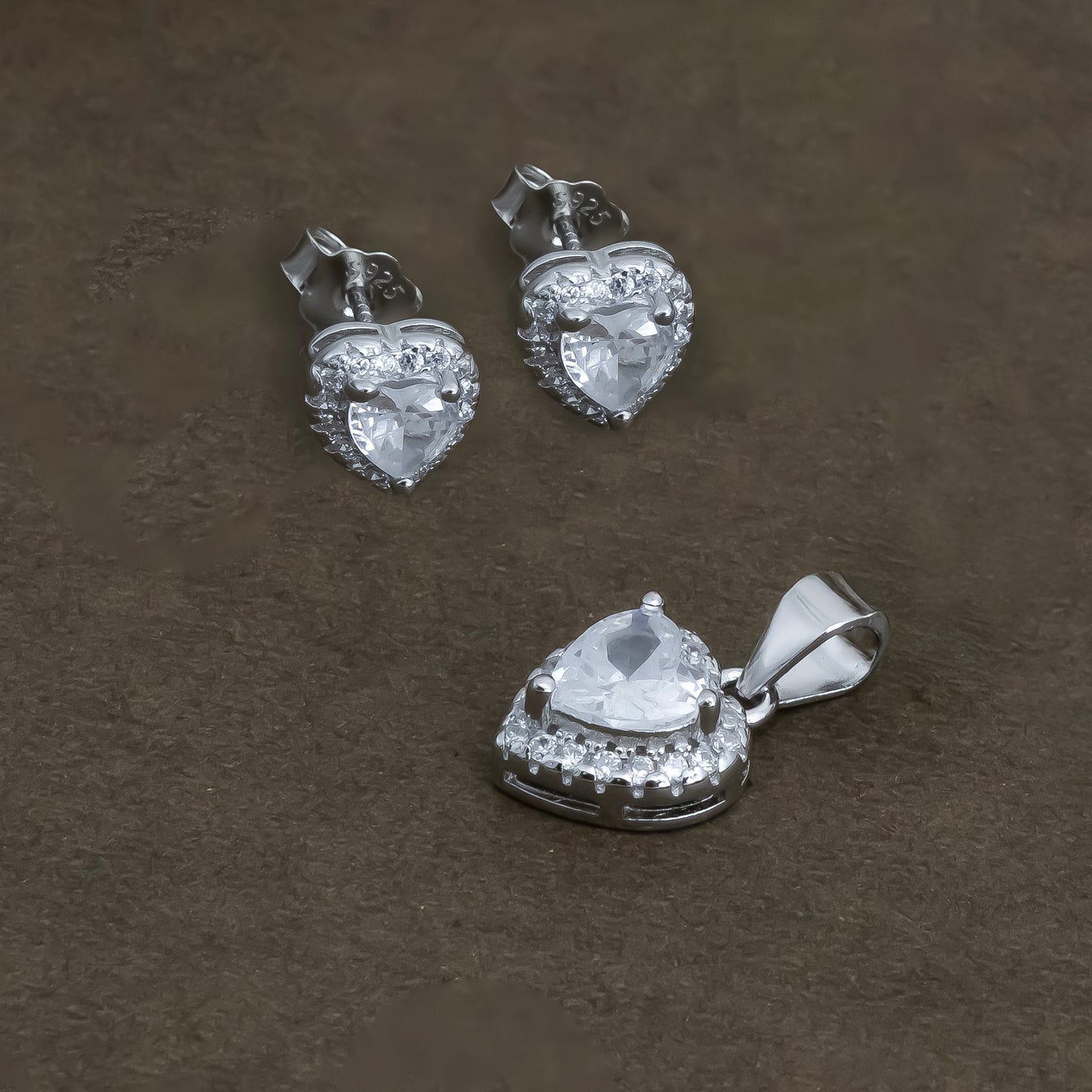 Silver Heart Solitaire Pendant & Earrings Set