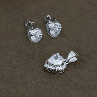 Silver Heart Solitaire Pendant & Earrings Set