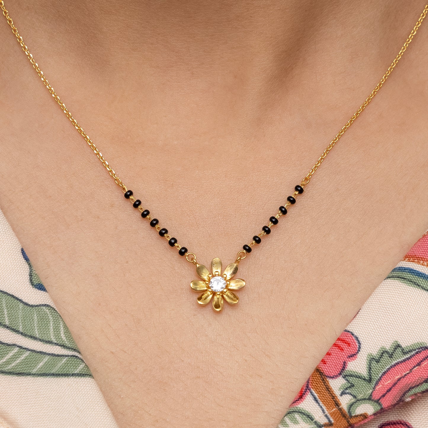 Floral Silver Mangalsutra with Center Stone