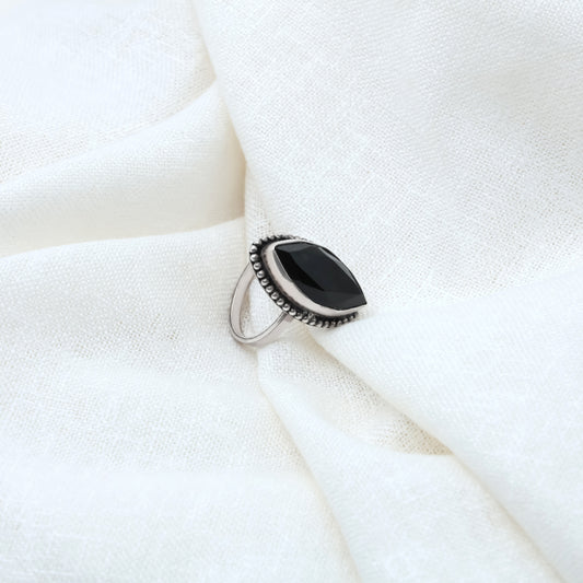 Silver Precious Beady Black Stone Ring
