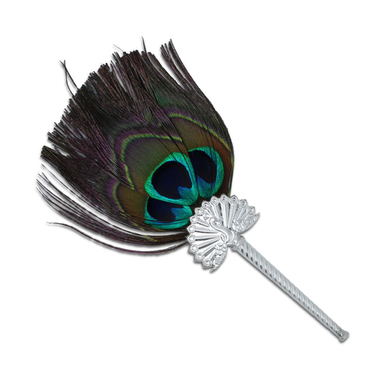 Elegant peacock feather fan with an ornate silver handle, designed for Laddu Gopal worship