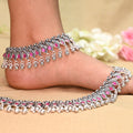 Royal Silver Payal with Peacock Bud Design, Pink Stones, and Ghungroo
