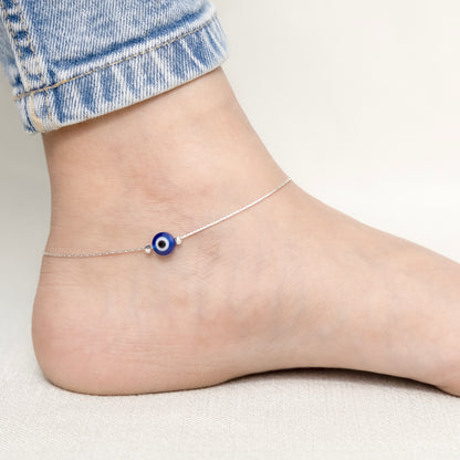 Silver Evil Eye Blue Bead Minimal Anklet for Women & Girls