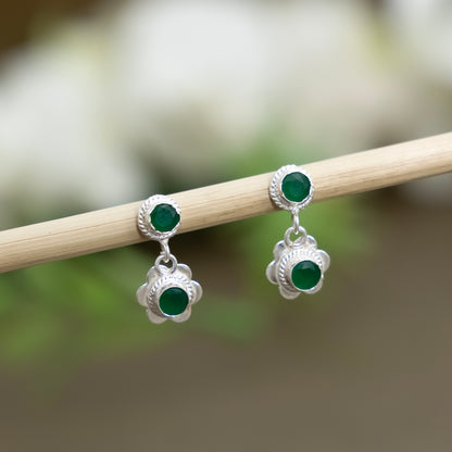 Silver Bloom Green Stone Earrings