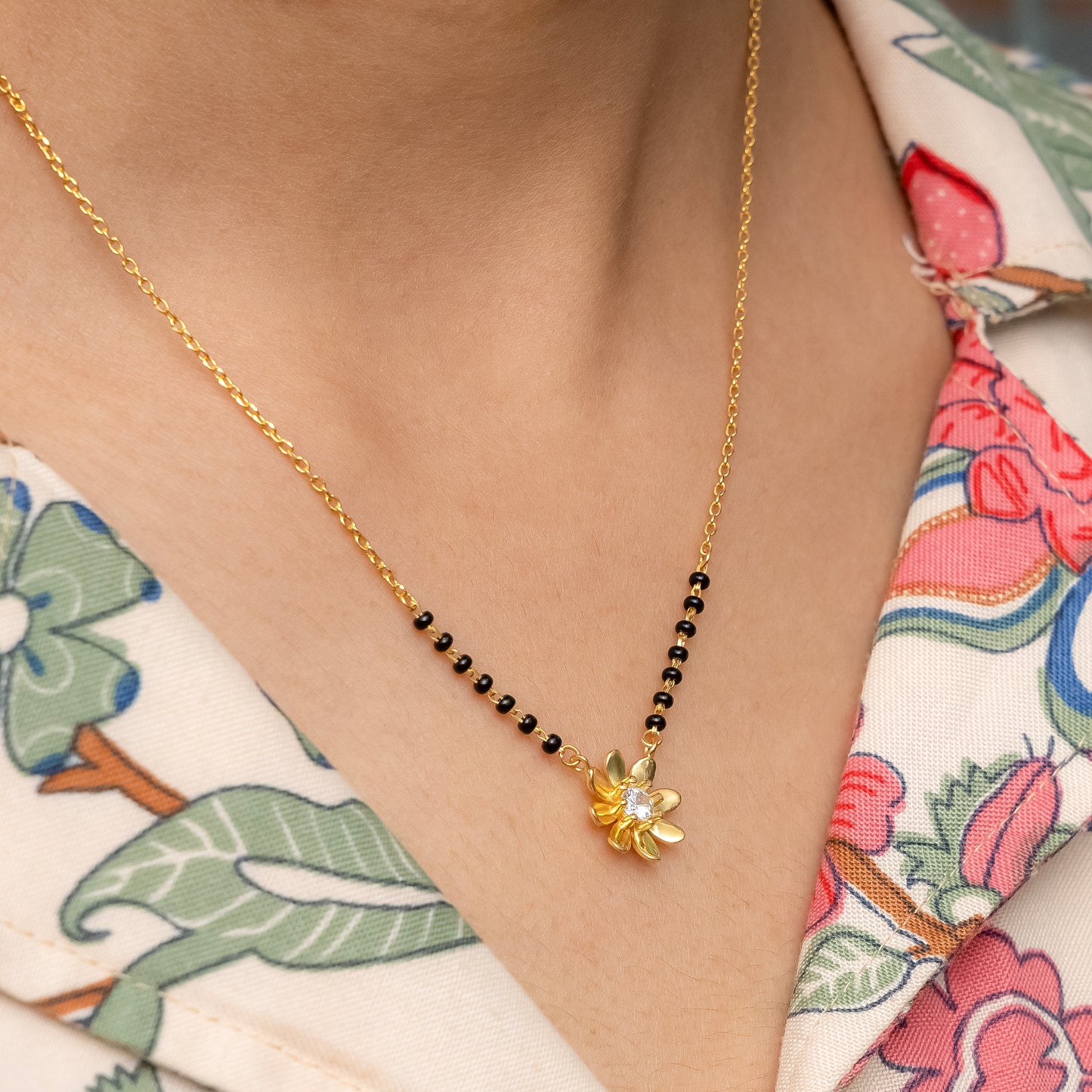 Floral Silver Mangalsutra with Center Stone
