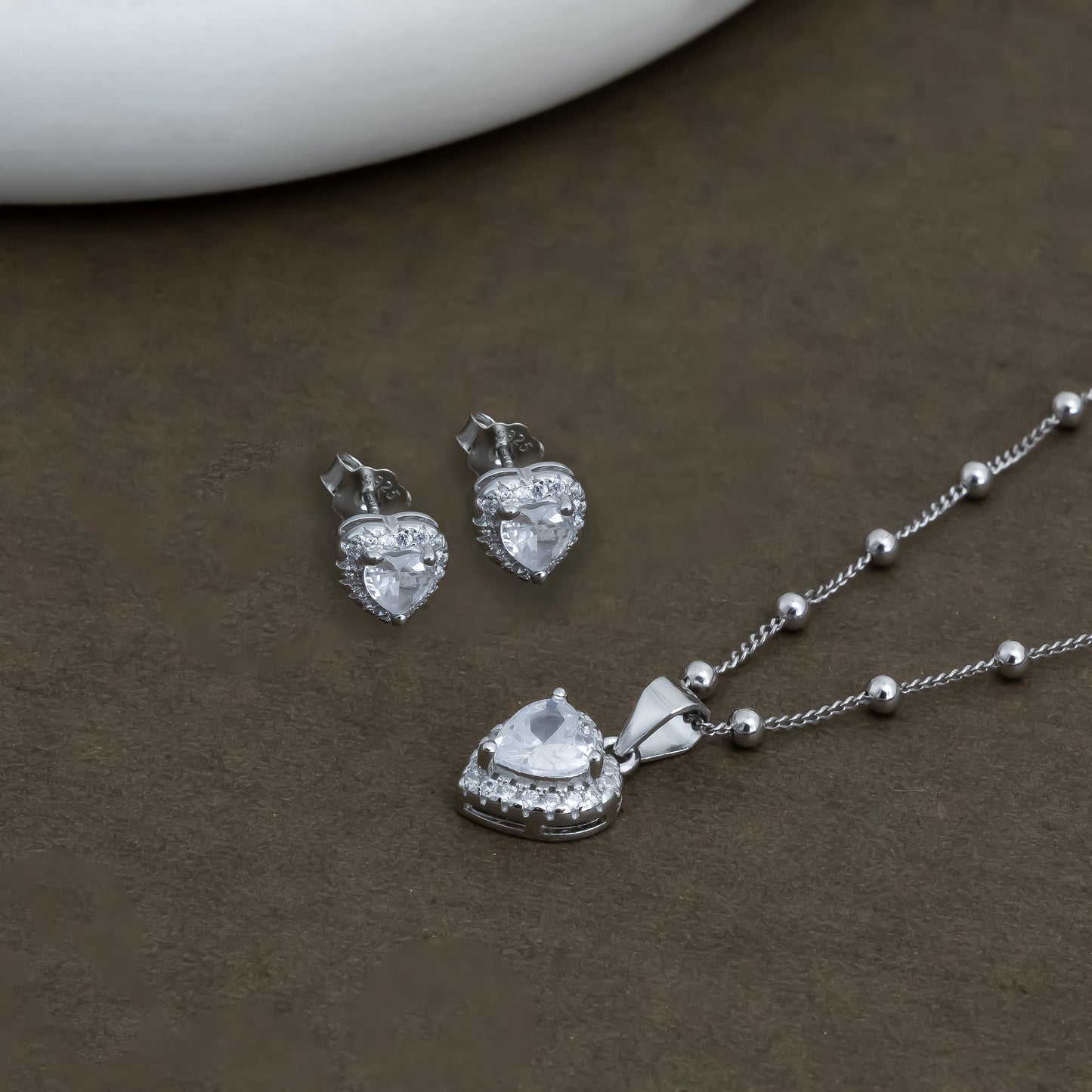 Silver Heart Solitaire Pendant & Earrings Set