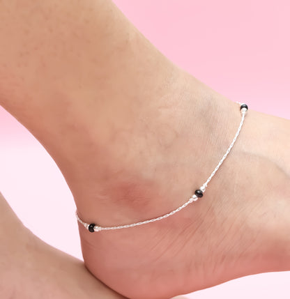 Everyday Wear Black Bud Silver Anklet
