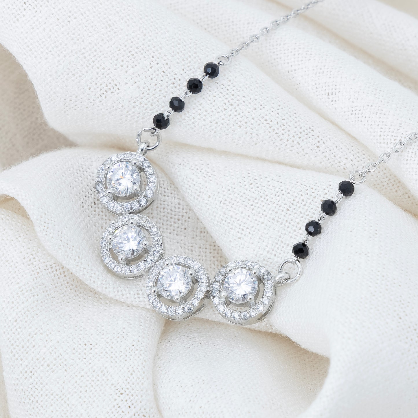 Quad Solitaire Silver Mangalsutra with Black Beads