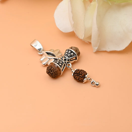 Spiritual Silver Pendant with Mahadev Damru and Rudraksha Beads