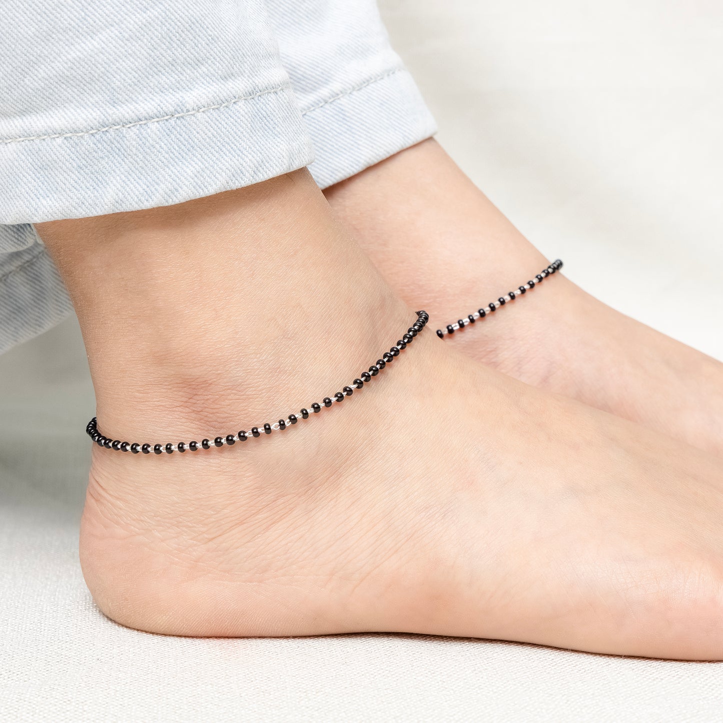 Traditional Daily Wear Silver Black Bead Anklet