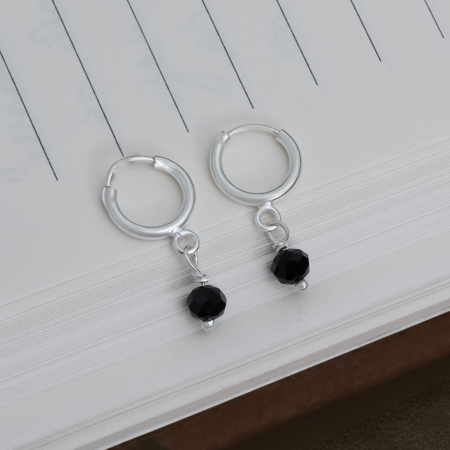 Silver Hoop Earrings with Black Bead Charm