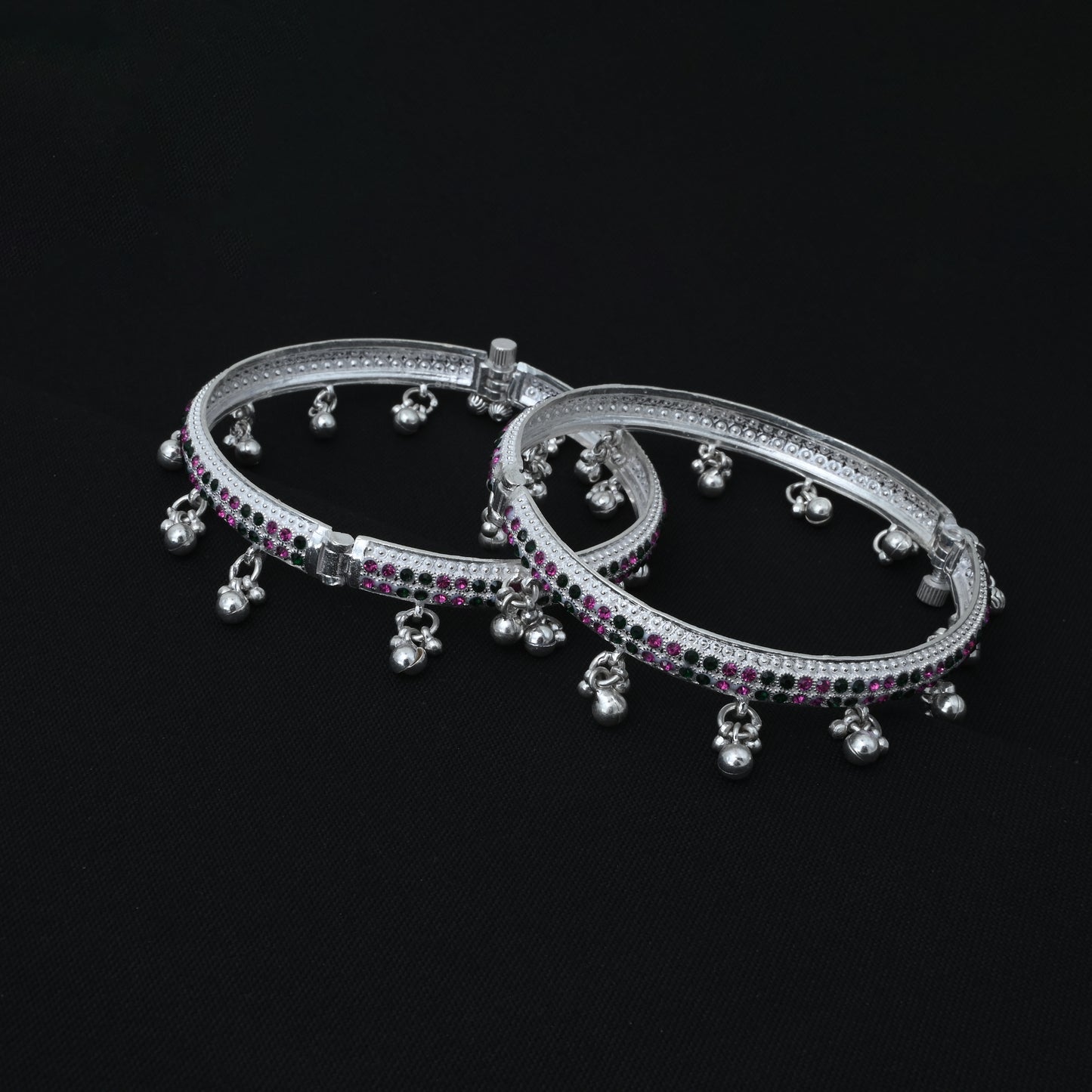 Traditional Silver Kada Payal with Pink, Green Gems & Ghungroos.