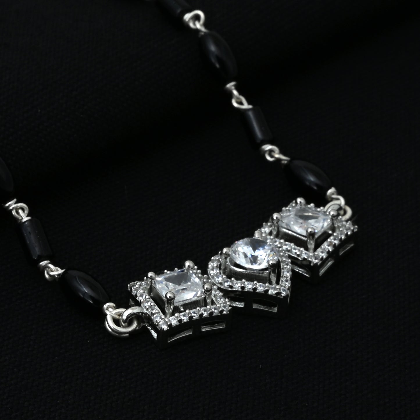 Beautifully Designed Silver Mangalsutra with Heart and Square Shape Stone