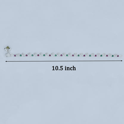 Charming Silver Anklet Payal with Ghungroo and Vibrant Diamond-Shaped Stones.