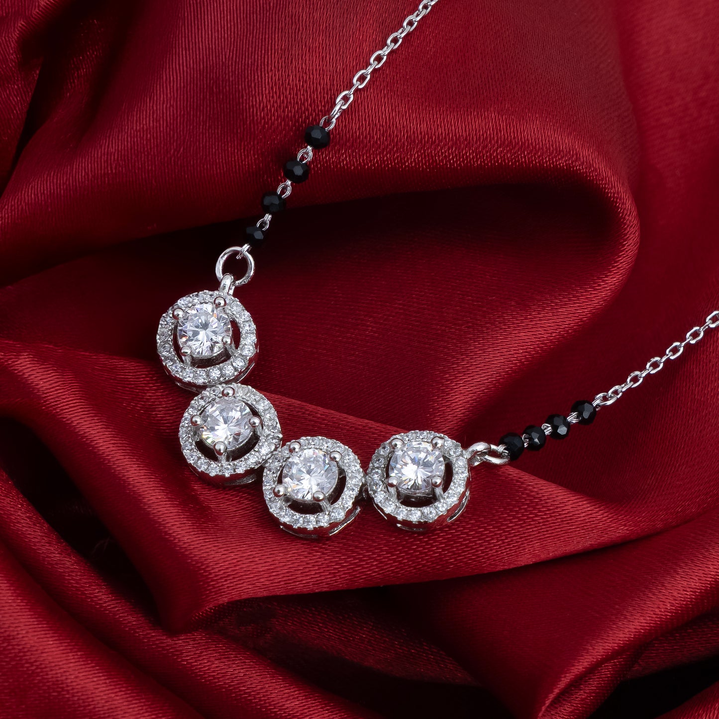 Quad Solitaire Silver Mangalsutra with Black Beads