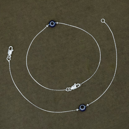 Silver Evil Eye Blue Bead Minimal Anklet for Women & Girls
