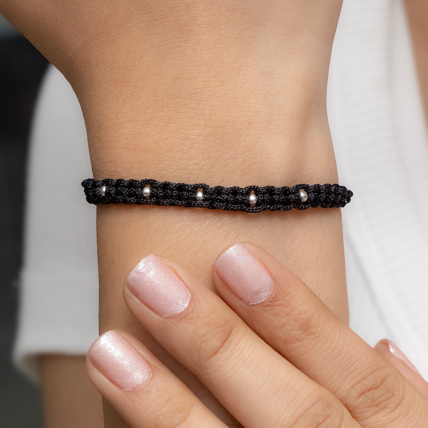 Handmade Black Thread Bracelet with Silver Beads