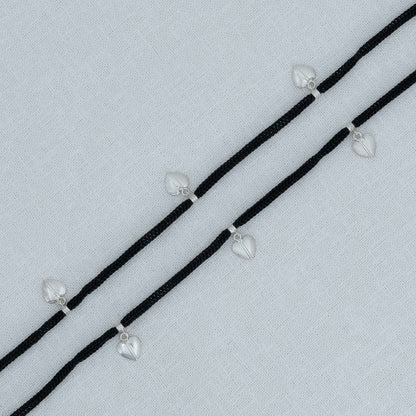 Sterling Silver Black Thread Anklet with Heart Charms