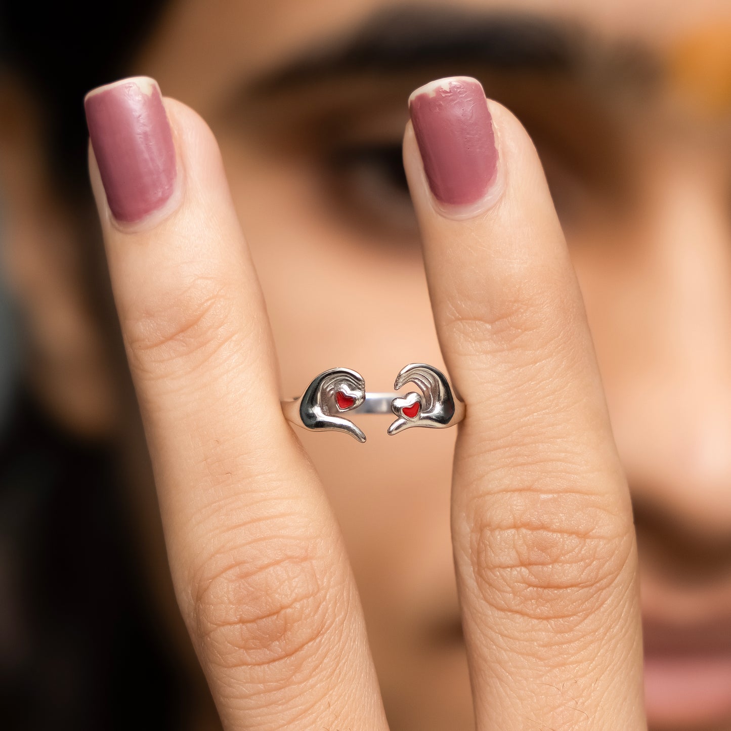 Adjustable Silver Heart Ring Cute Hand Gesture Love