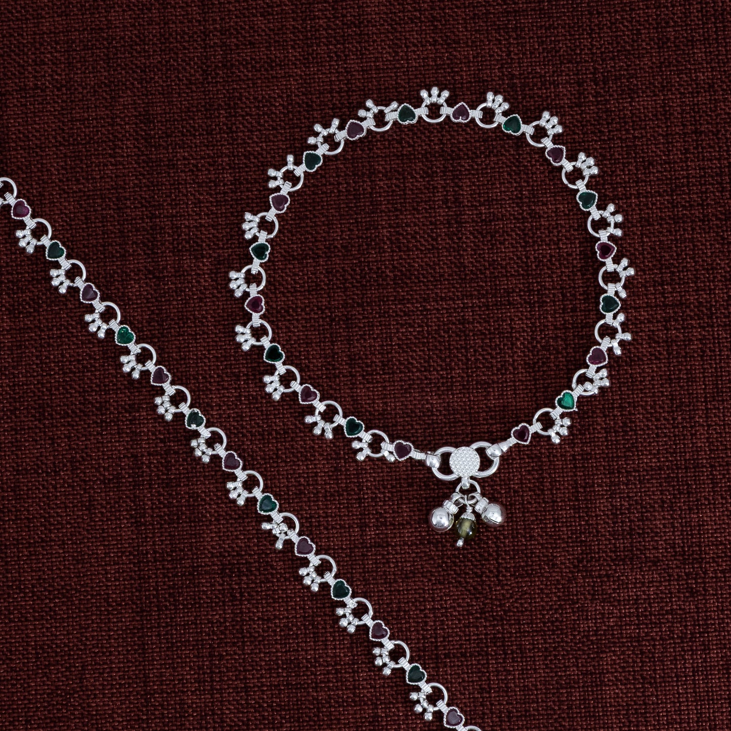 Charming Silver Anklet Payal with Ghungroo and Vibrant Diamond-Shaped Stones.