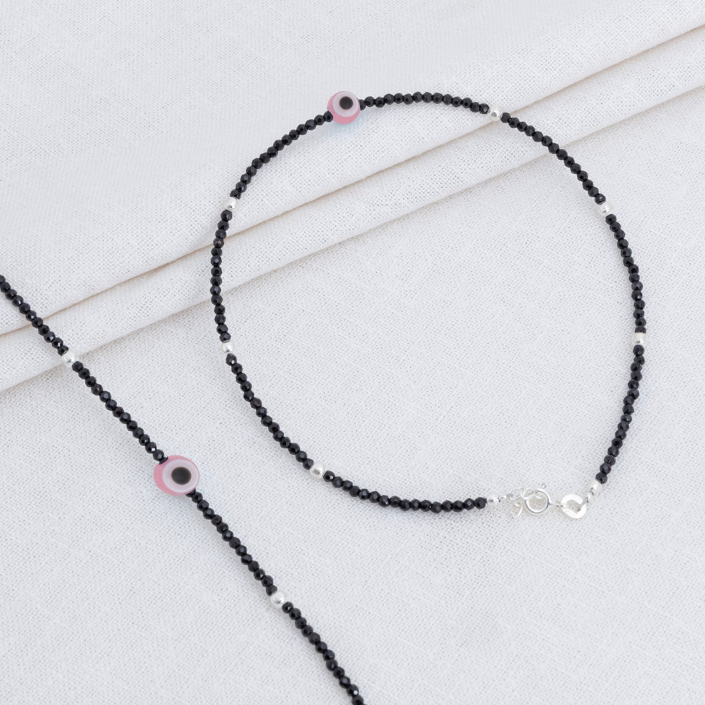 Pink Buds Evil Eye Silver Anklet