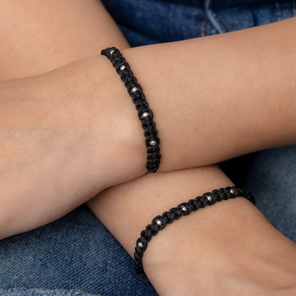 Handmade Black Thread Bracelet with Silver Beads