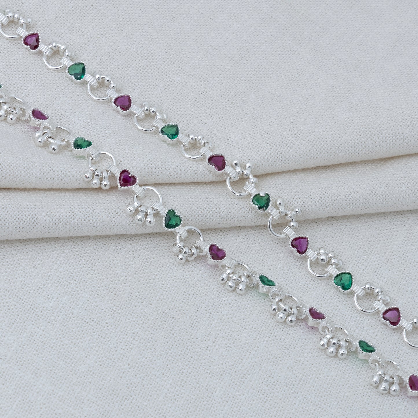 Charming Silver Anklet Payal with Ghungroo and Vibrant Diamond-Shaped Stones.