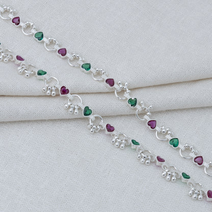 Charming Silver Anklet Payal with Ghungroo and Vibrant Diamond-Shaped Stones.