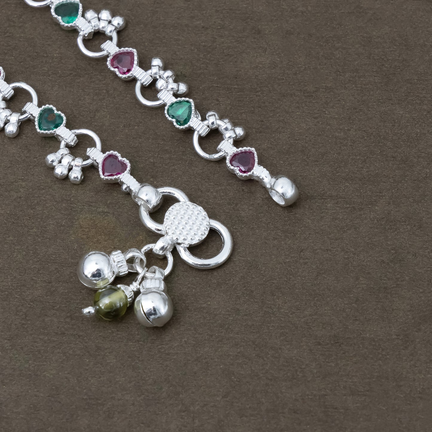 Charming Silver Anklet Payal with Ghungroo and Vibrant Diamond-Shaped Stones.