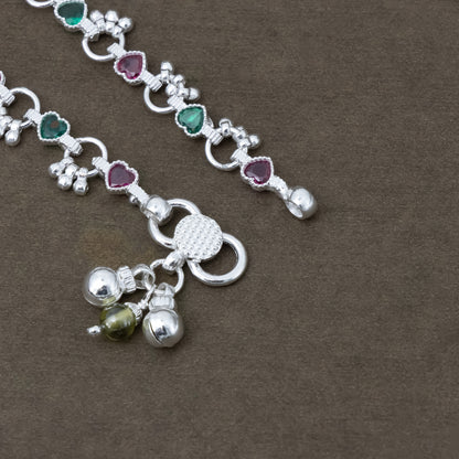 Charming Silver Anklet Payal with Ghungroo and Vibrant Diamond-Shaped Stones.