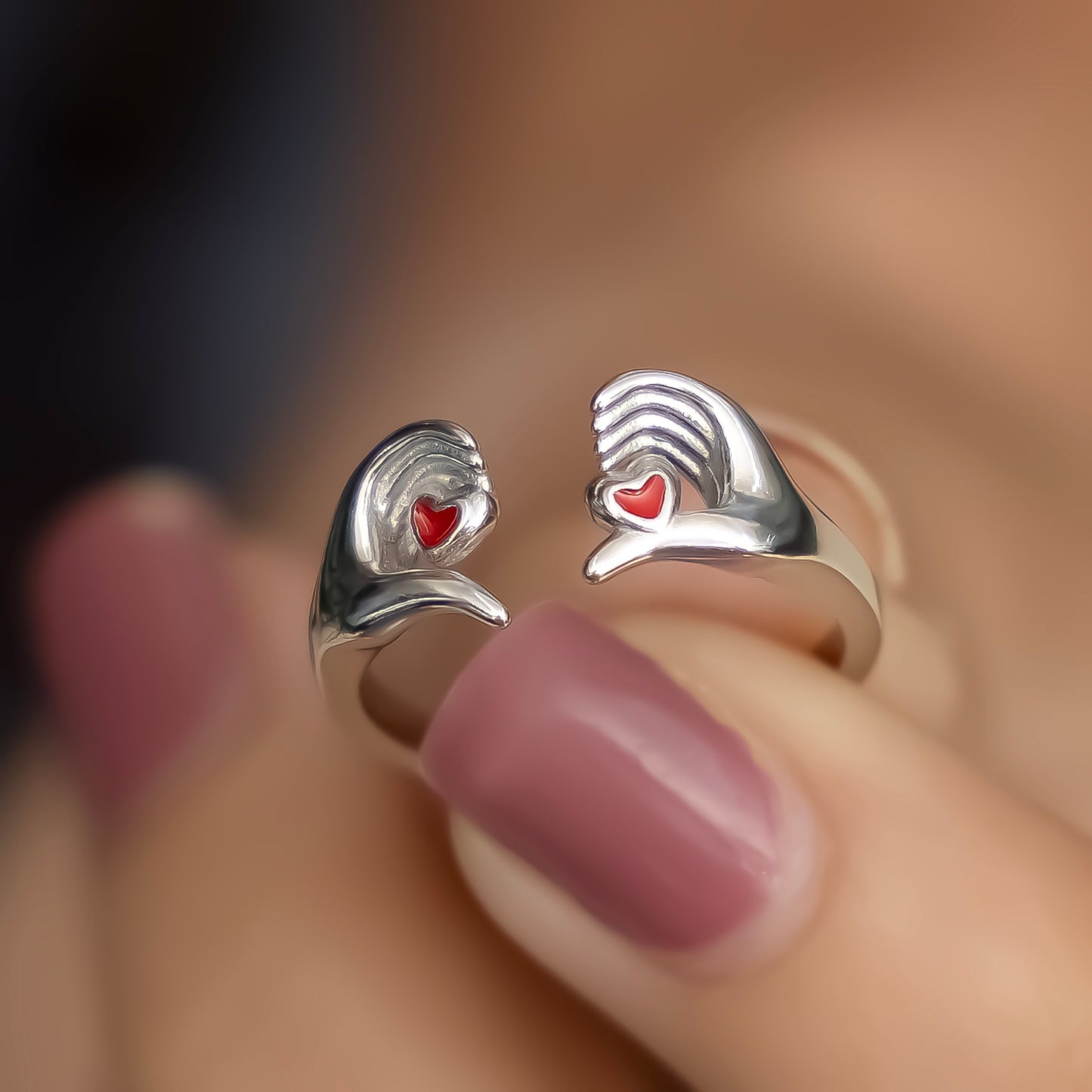 Adjustable Silver Heart Ring Cute Hand Gesture Love