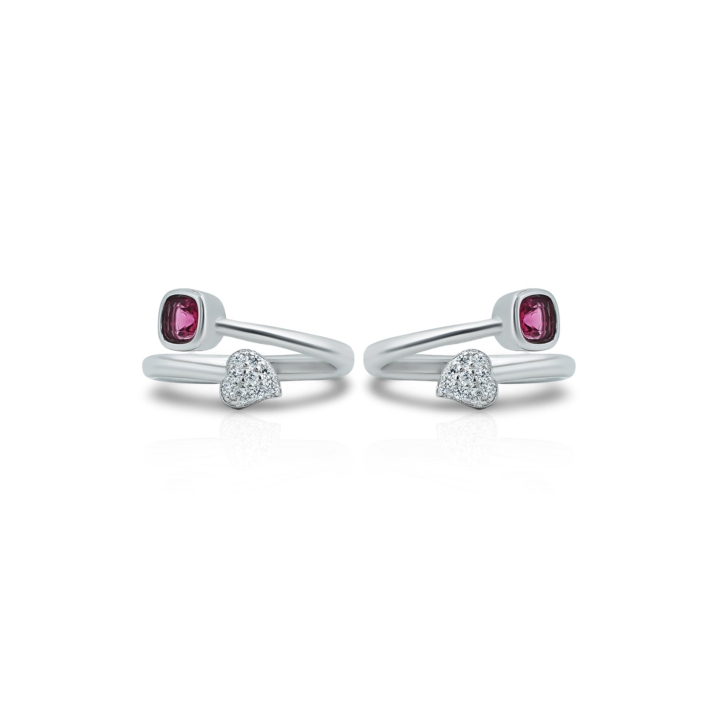 Elegant silver toe ring featuring a heart-shaped design with a pink gemstone