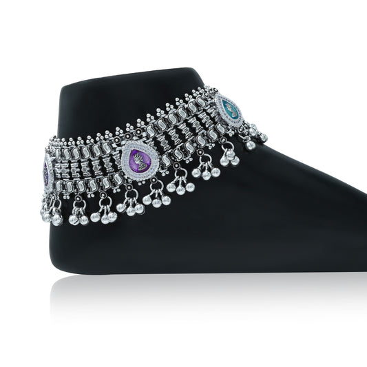 Traditional design bridal silver payal with purple and blue gemstones