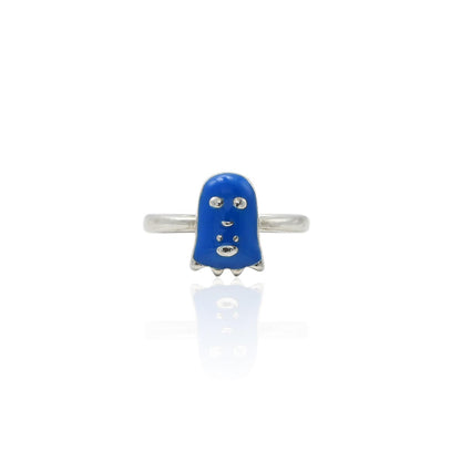 Silver baby ring featuring a cute blue teddy bear design, perfect for adding charm to your little one's accessory collection