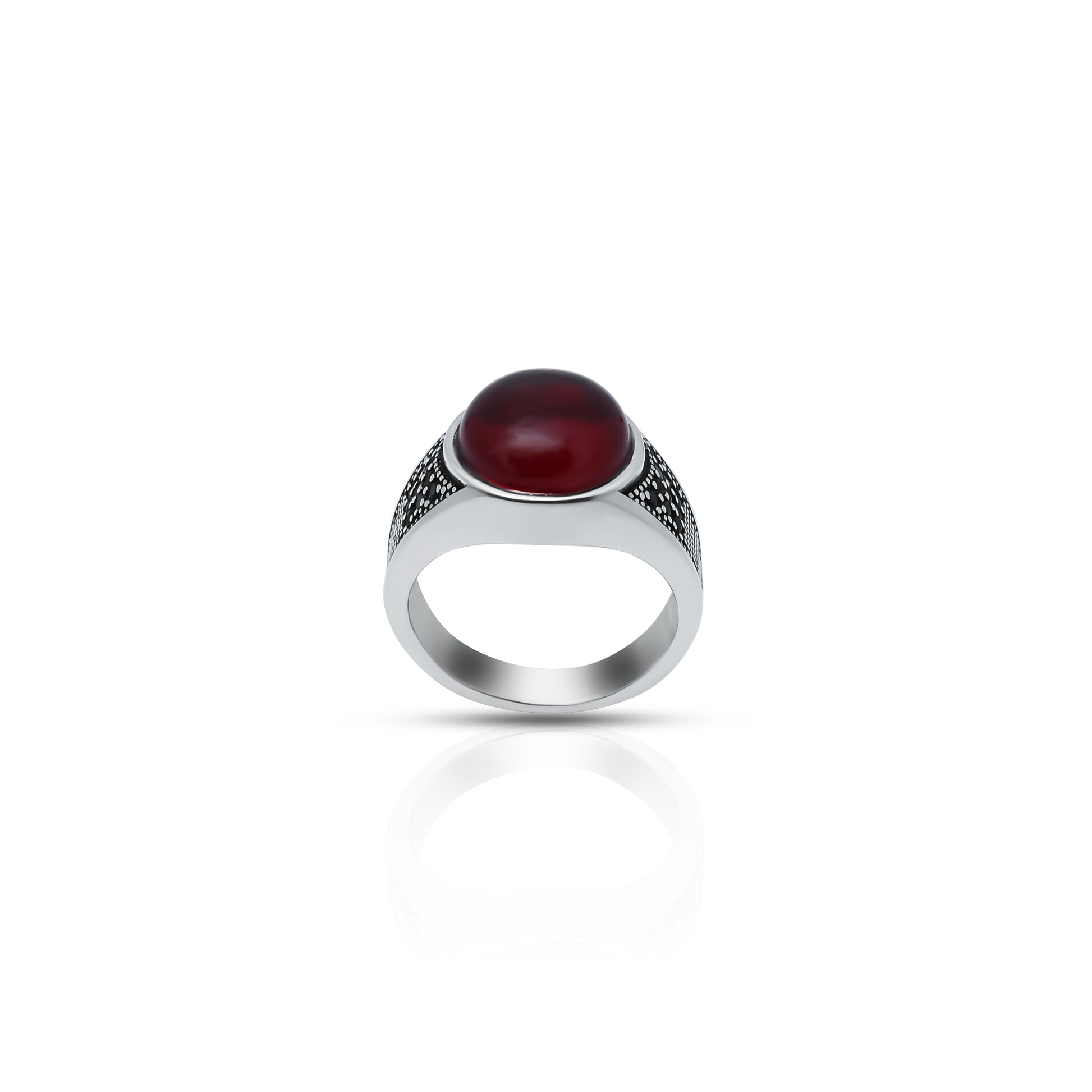 Elegant sterling silver ring with a bold red gemstone, 'The Blood Moon' design, ideal for boys