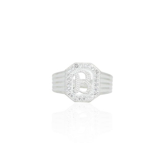 Silver boys' ring featuring a personalized 'B' symbol.