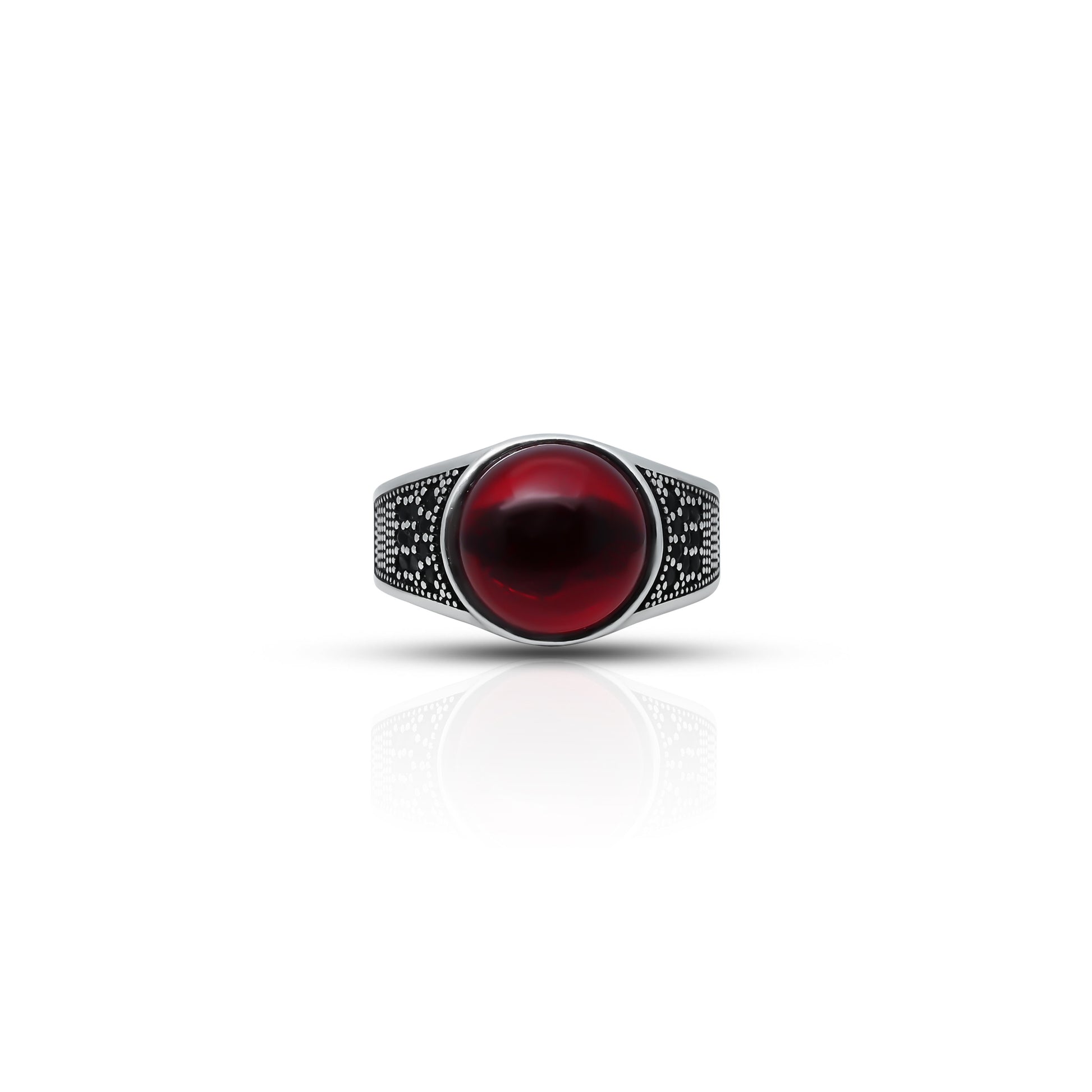 Sterling silver ring featuring a striking red gemstone, named 'The Blood Moon', perfect for boys.