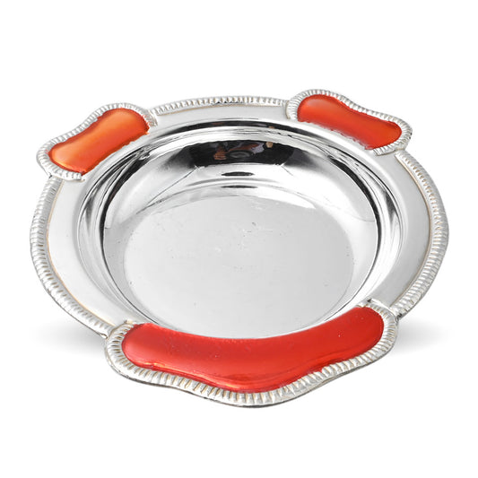 Elegant silver plate with a distinctive orange border design