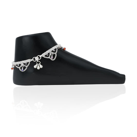 Elegant silver anklet featuring vibrant and colorful bead accents