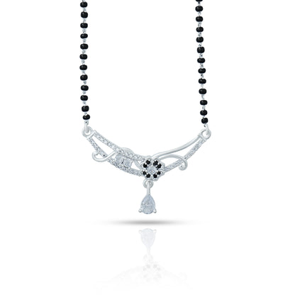 Elegant silver mangalsutra featuring a beautiful floral motif and white gemstone