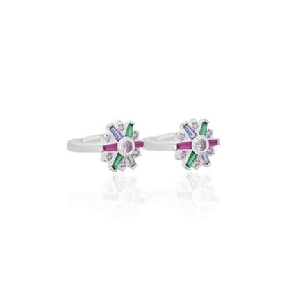 Stylish silver toe rings adorned with a unique hexagonal design and a variety of multi-gemstones